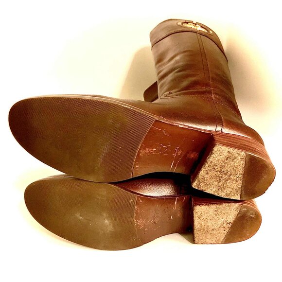 TORY BURCH Kiernan Leather Riding Boot Saddle Brown Gold Metal Logo 8.5 MSRP$450 - Picture 8 of 9